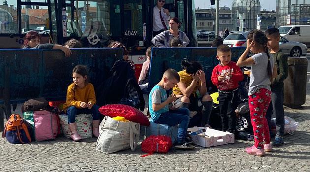 Roma fleeing the war in Ukraine on April 13, 2022 in front of the Main Railway Station in Prague