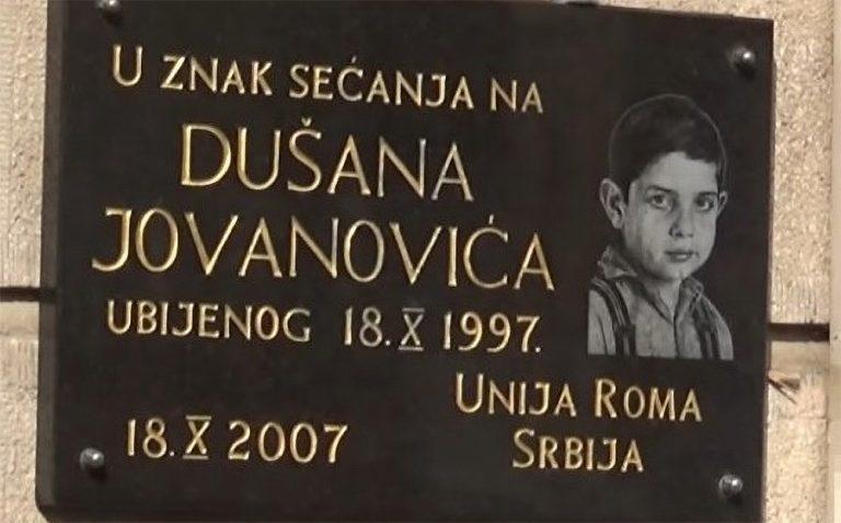 Plaque commemorating the racist murder of 13-year-old Dušan Jovanović of Belgrade, Serbia.