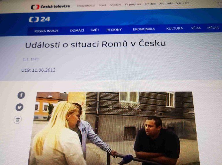 A screenshot of the website for Czech Television's main news program and its reporting on Romani people.